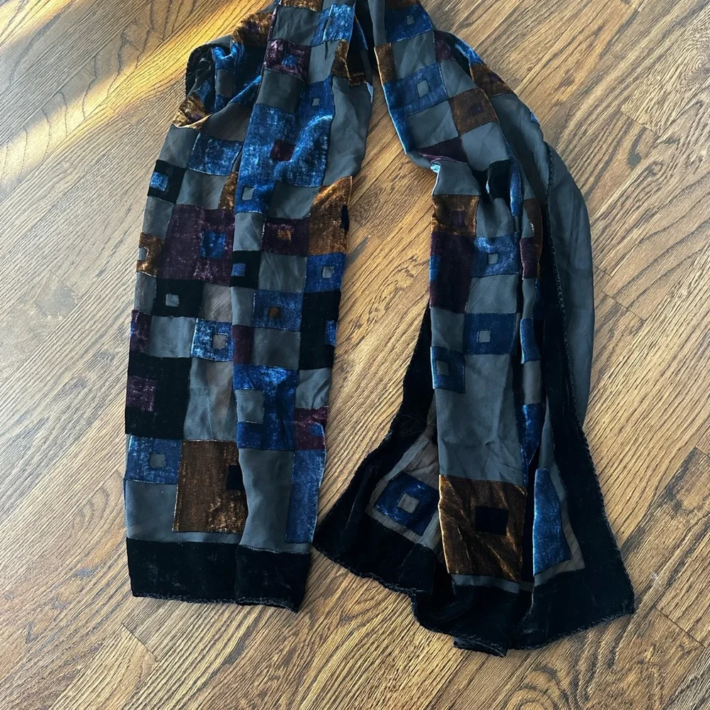 Vintage Velvet Geometric Patchwork Scarf Shawl in Blue, Black, Bronze - Picture 6 of 7